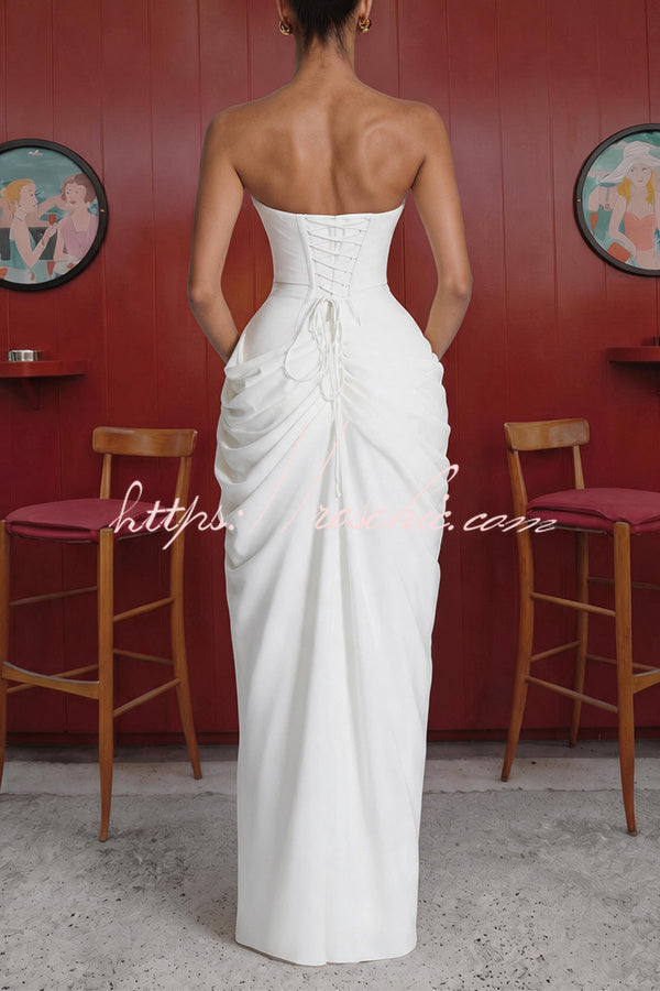 Chiffon Strapless Maxi Dress with Asymmetrical Pleats and Slit
