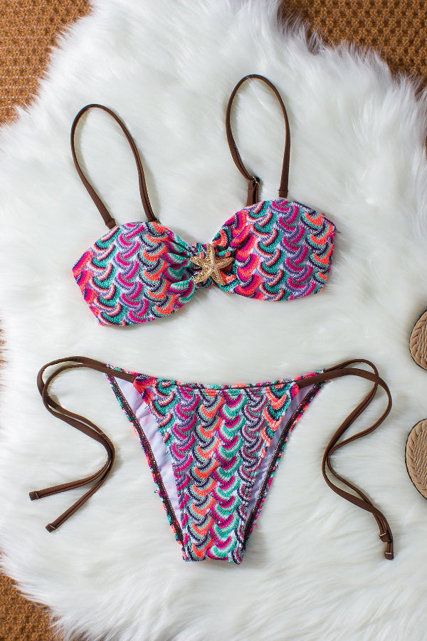 Striped Wavy Knit Bikini Set with Tie-up Detail