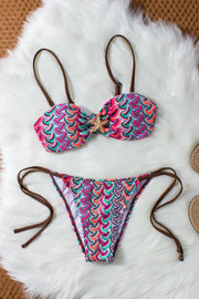 Striped Wavy Knit Bikini Set with Tie-up Detail