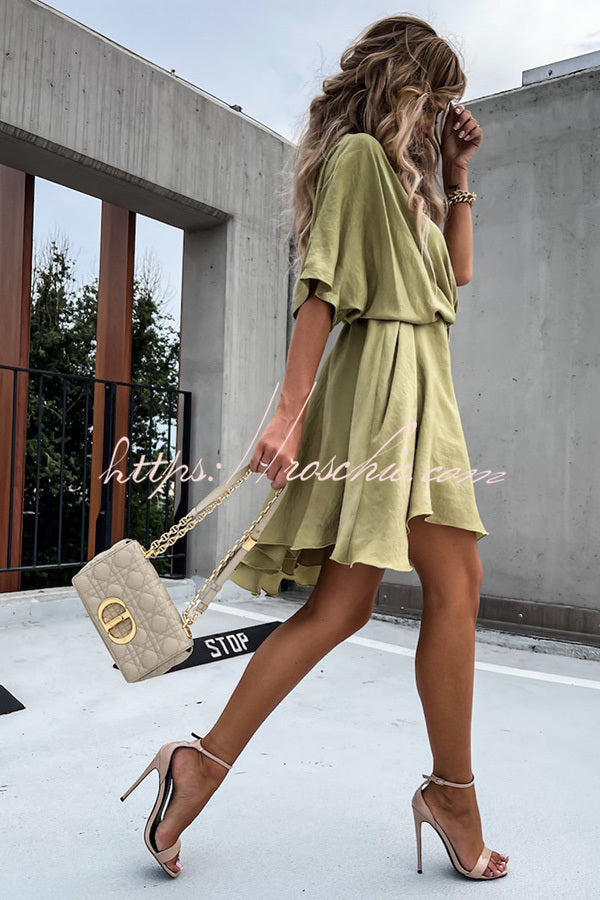 Batwing Sleeve Satin Mini Dress – Loose Fit V-Neck