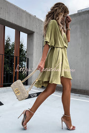 Batwing Sleeve Satin Mini Dress – Loose Fit V-Neck