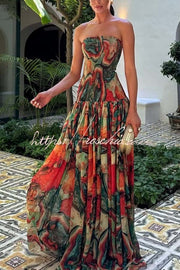 Colorful Lava Print Off Shoulder Smocked Maxi Dress