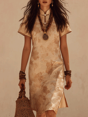 Floral Jacquard Mandarin Collar Slim Fit Midi Dress