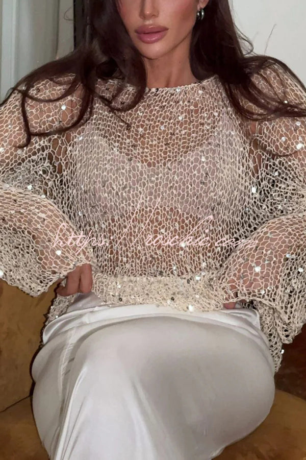 Sequin Hollow-Out Long Sleeve Loose Knit Top