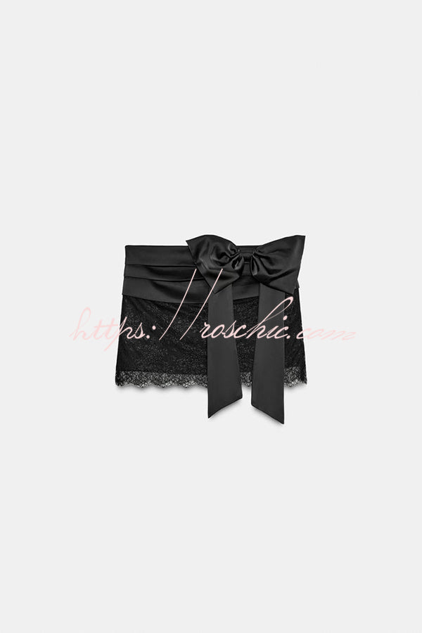 Satin Bow Appliqué Mid Rise Lace Hem Mini Skirt