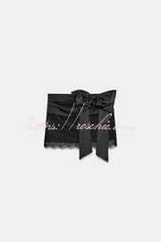 Satin Bow Appliqué Mid Rise Lace Hem Mini Skirt