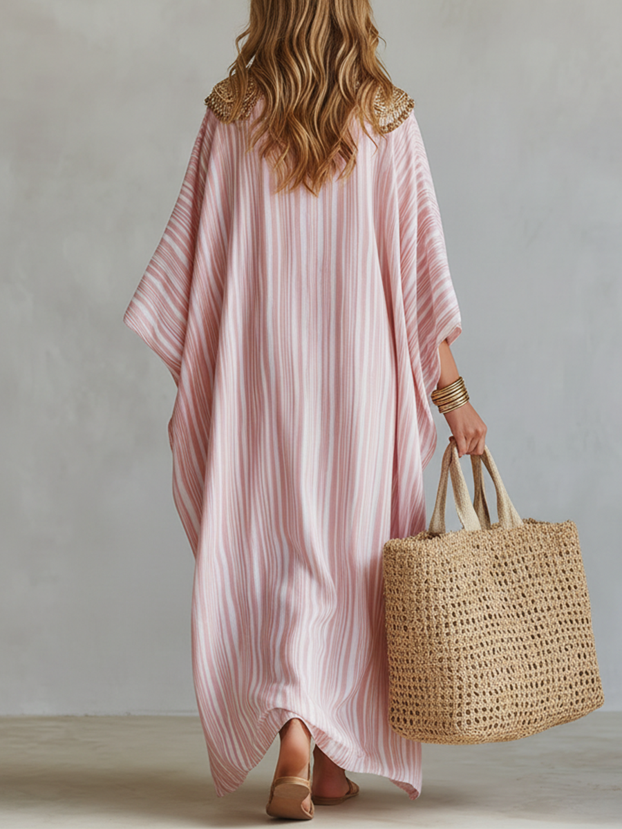 Pink Striped Kaftan Dress – Bohemian Midi Style