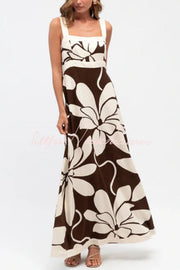 Color-Block Floral Print Square Neck Sleeveless Maxi Dress