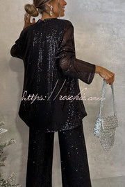 Sequin Open Front Long Sleeve Drape Coat