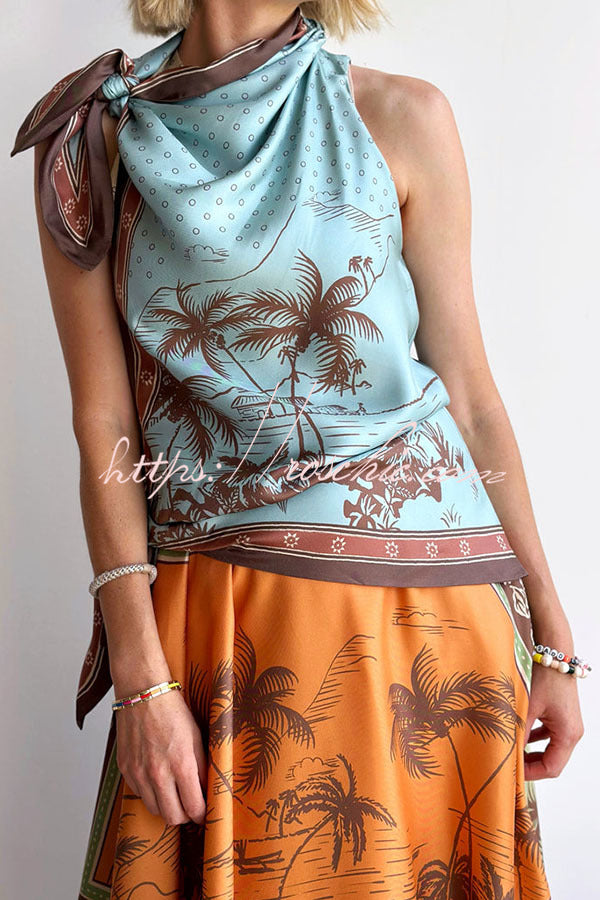 Satin Color-Block Print Tie Cowl Neck Midi Dress