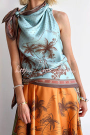 Satin Color-Block Print Tie Cowl Neck Midi Dress