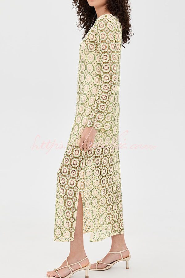 Floral Crochet Long Sleeve Midi Dress with Slit