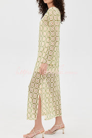 Floral Crochet Long Sleeve Midi Dress with Slit