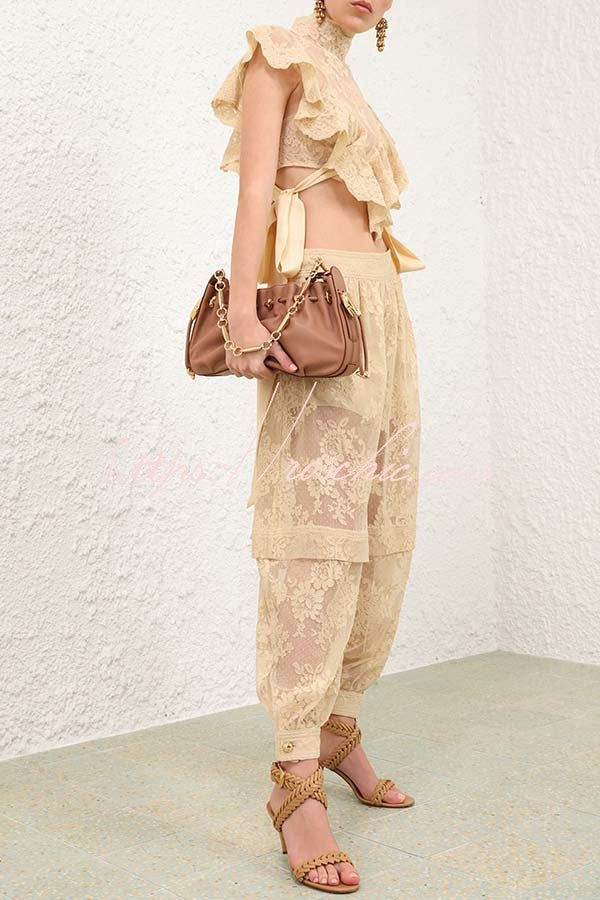 Lace Harem Pants with Gathered Waist & Ankle Cuffs