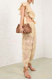 Lace Harem Pants with Gathered Waist & Ankle Cuffs