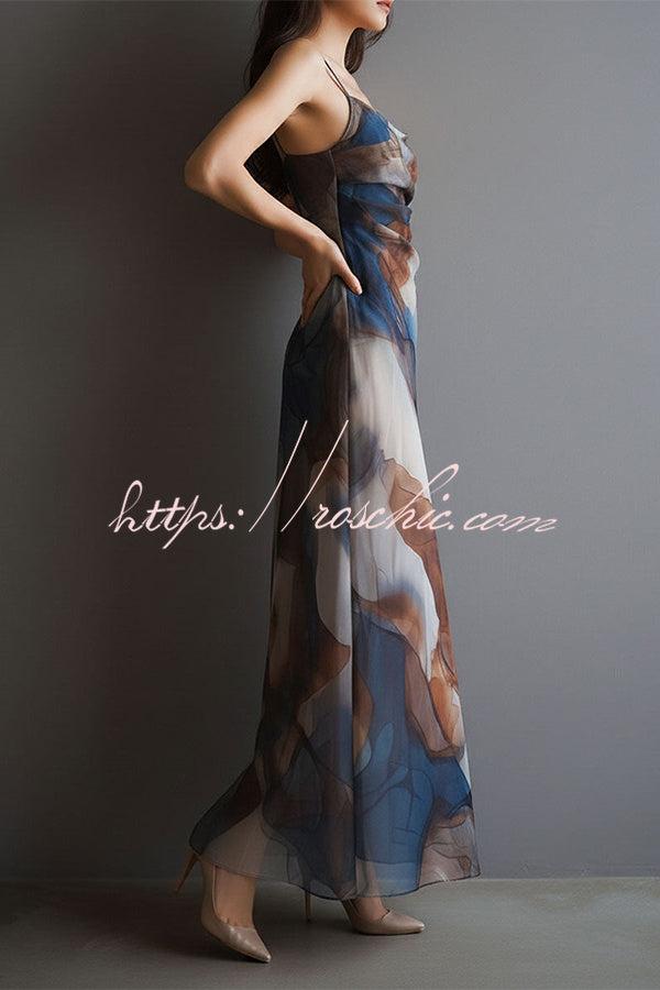 Abstract Watercolor Cowl Neck Maxi Dress