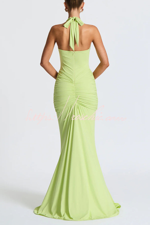 Halter V-Neck Open Back Maxi Dress – Solid Color Slim Fit