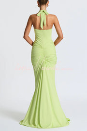 Halter V-Neck Open Back Maxi Dress – Solid Color Slim Fit