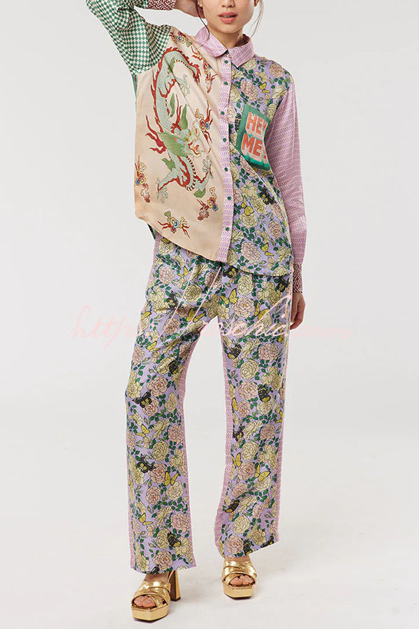 Dragon Print Patchwork Loose Shirt with Chest Pocket