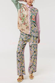Dragon Print Patchwork Loose Shirt with Chest Pocket