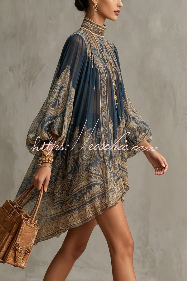 Baroque Print Chiffon Mini Dress with High Neck & Bell Sleeves