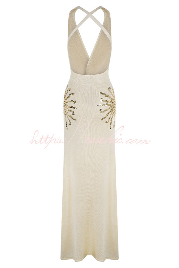 Sequin Knit Maxi Dress with Open Cross-Strap Back