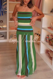 Color-Block Striped Off Shoulder Knit Maxi Dress