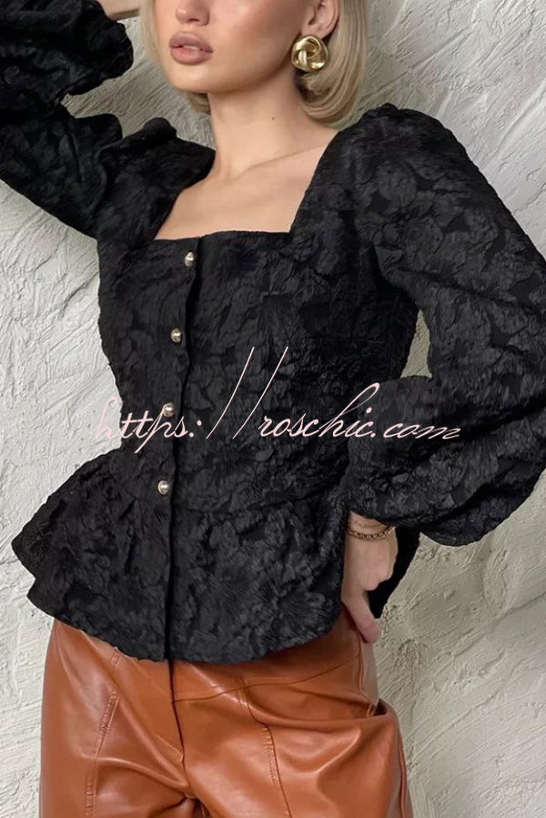 Haut boutonné en jacquard à col carré et manches bouffantes