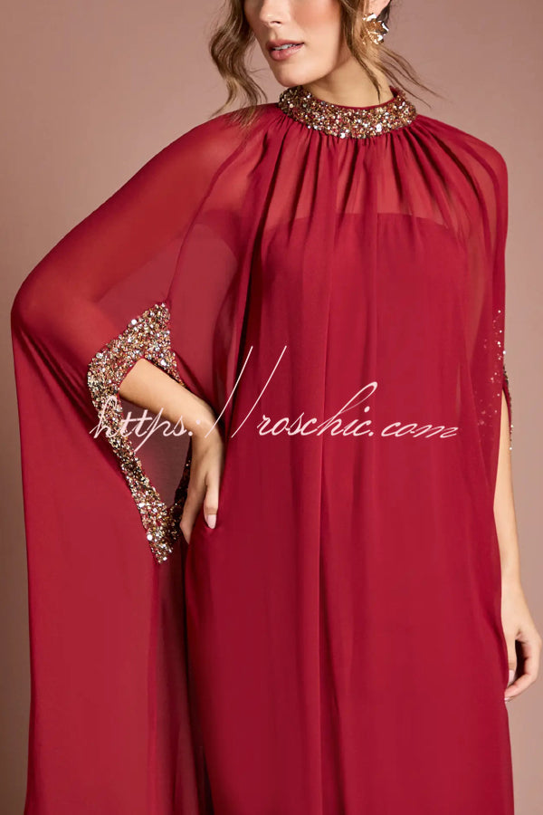 Robe longue chauve-souris à col haut et bordure en sequins en mousseline de soie