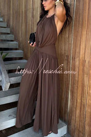 Metal Ring Halter Neck Bodysuit & Wide Leg Pants Set