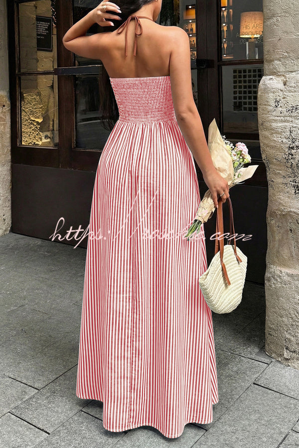 Striped V-Neck Sleeveless Backless Maxi Dress – Vacation