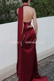 Satin Halter Neck Sleeveless Maxi Dress for Parties