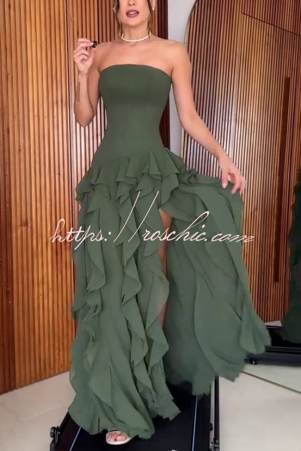 Off-Shoulder Maxi Dress with High Slit and Ruffle Detail