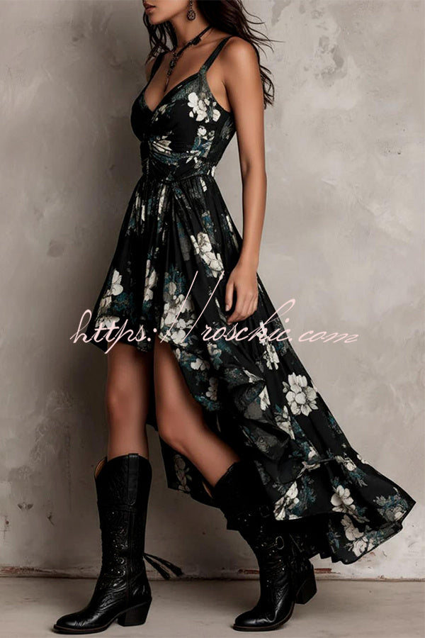 Floral High-Low Ruffle Dress – Sleeveless Loose Fit