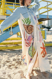 Marine Print Patchwork Maxi Shirt Coat with Pockets