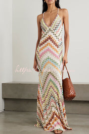 Colorful Herringbone Knit Open-Back Maxi Dress
