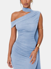 One Shoulder Formal Evening Gown with Built-In Bra, Ruched Mesh