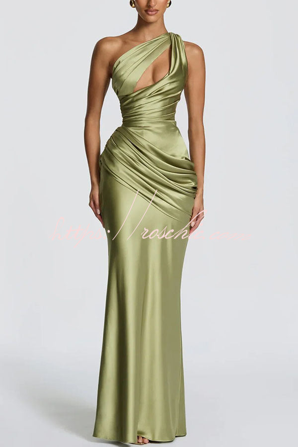 Satin One-Shoulder Maxi Dress with Corset Back Lace-Up