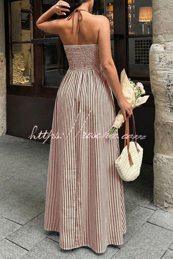 Striped V-Neck Sleeveless Backless Maxi Dress – Vacation