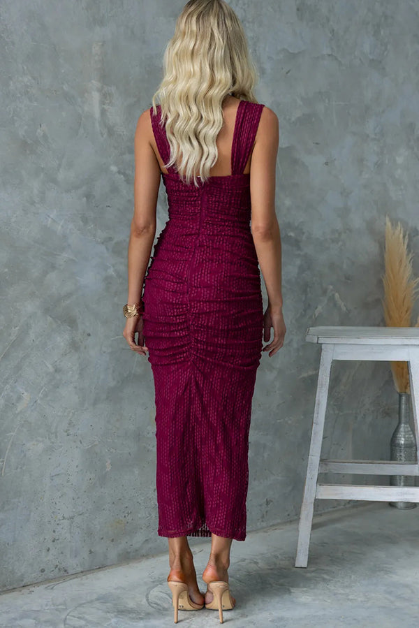 Sweetheart Neck Mesh Ruched Maxi Dress – Sleeveless Party Wear