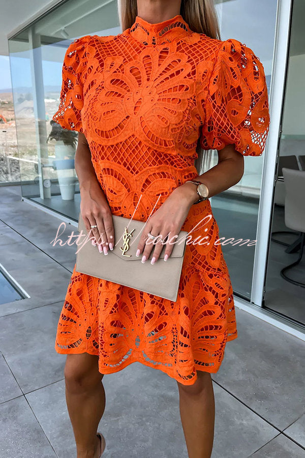 Crochet Lace Puff Sleeve Mini Dress – High Neck Party