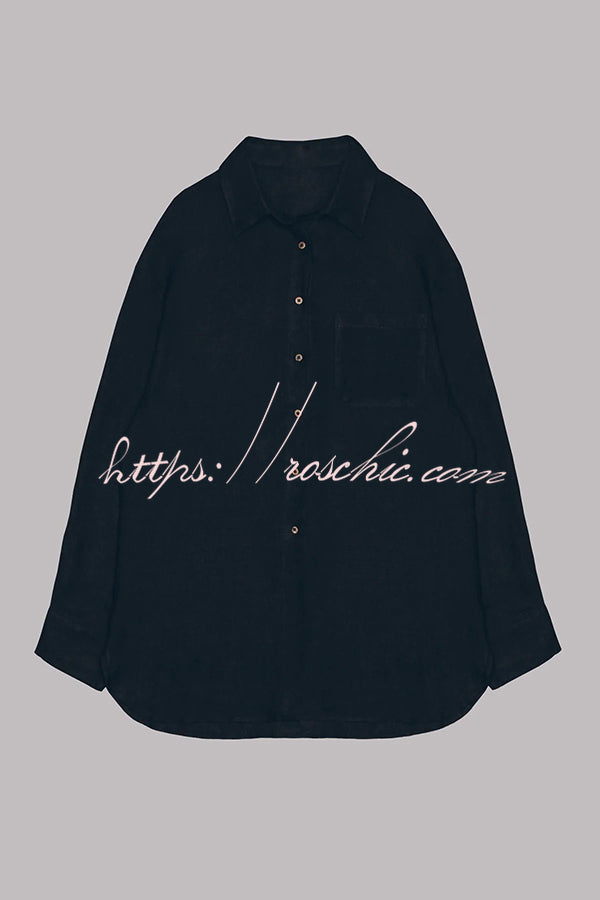 Linen Blend Oversized Long Sleeve Shirt with Pockets