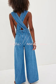 Denim Jumpsuit with Vest Bodice, Crisscross Back & Pockets