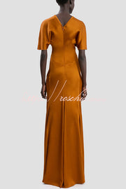 Satin Maxi Dress Short Sleeve Ruched Waist V-Back Gown