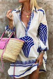 Printed Tunic Mini Dress – Long Sleeve Shirt Collar