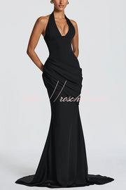 Halter V-Neck Lace-Up Back Pleated Crepe Maxi Dress