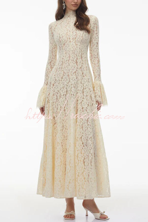 Floral Lace Mock Neck Bell Sleeve Pleated Maxi Dress