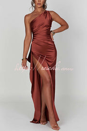 Satin One Shoulder Maxi Dress with Thigh-High Slit