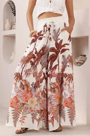 Pantalon large à imprimé feuilles avec taille élastique et poches