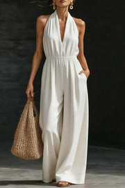 Sleeveless Wide-Leg Jumpsuit with V-Neck & Pockets